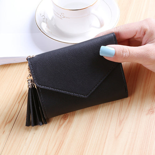 Compact Trifold Leather Wallet with Lovely Tassel Charm