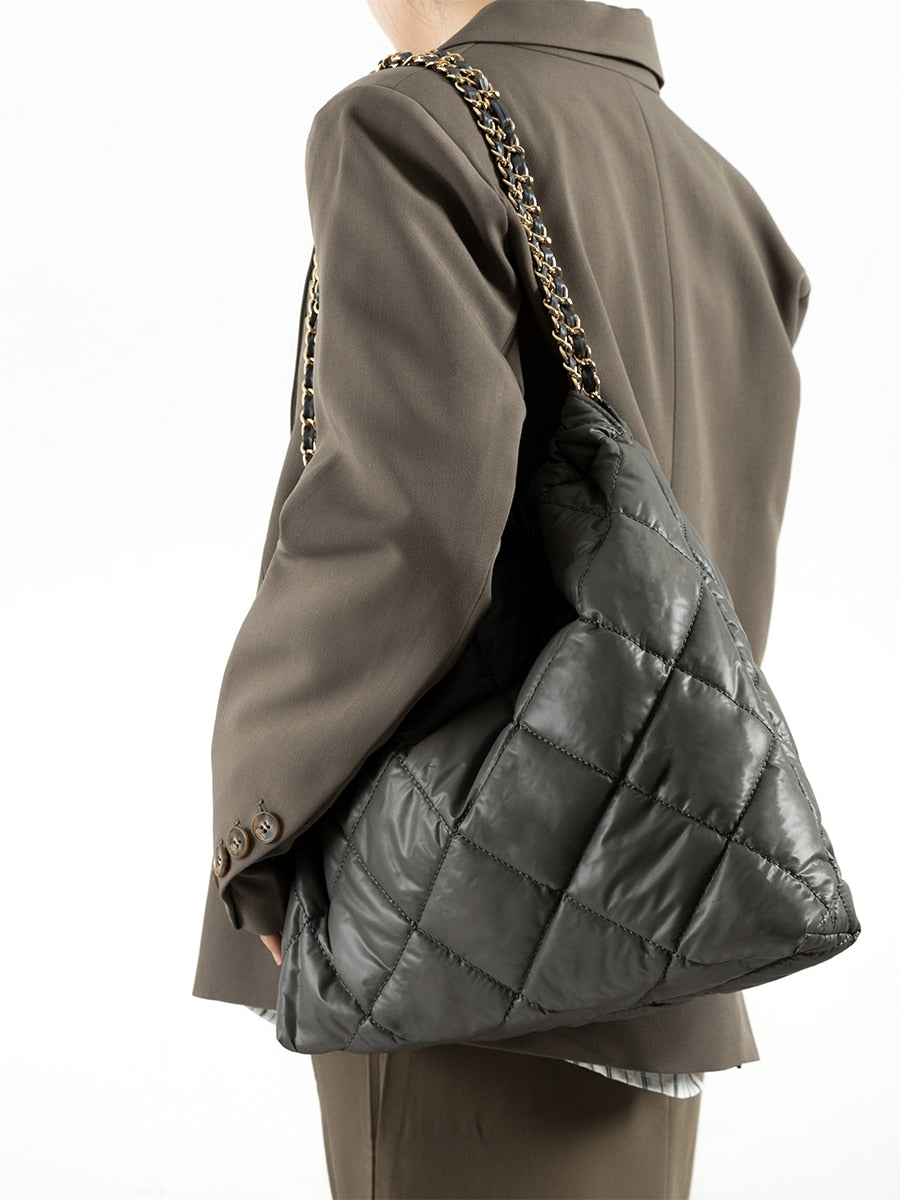 Square Nylon Padded Tote Bag with Drawstring Design