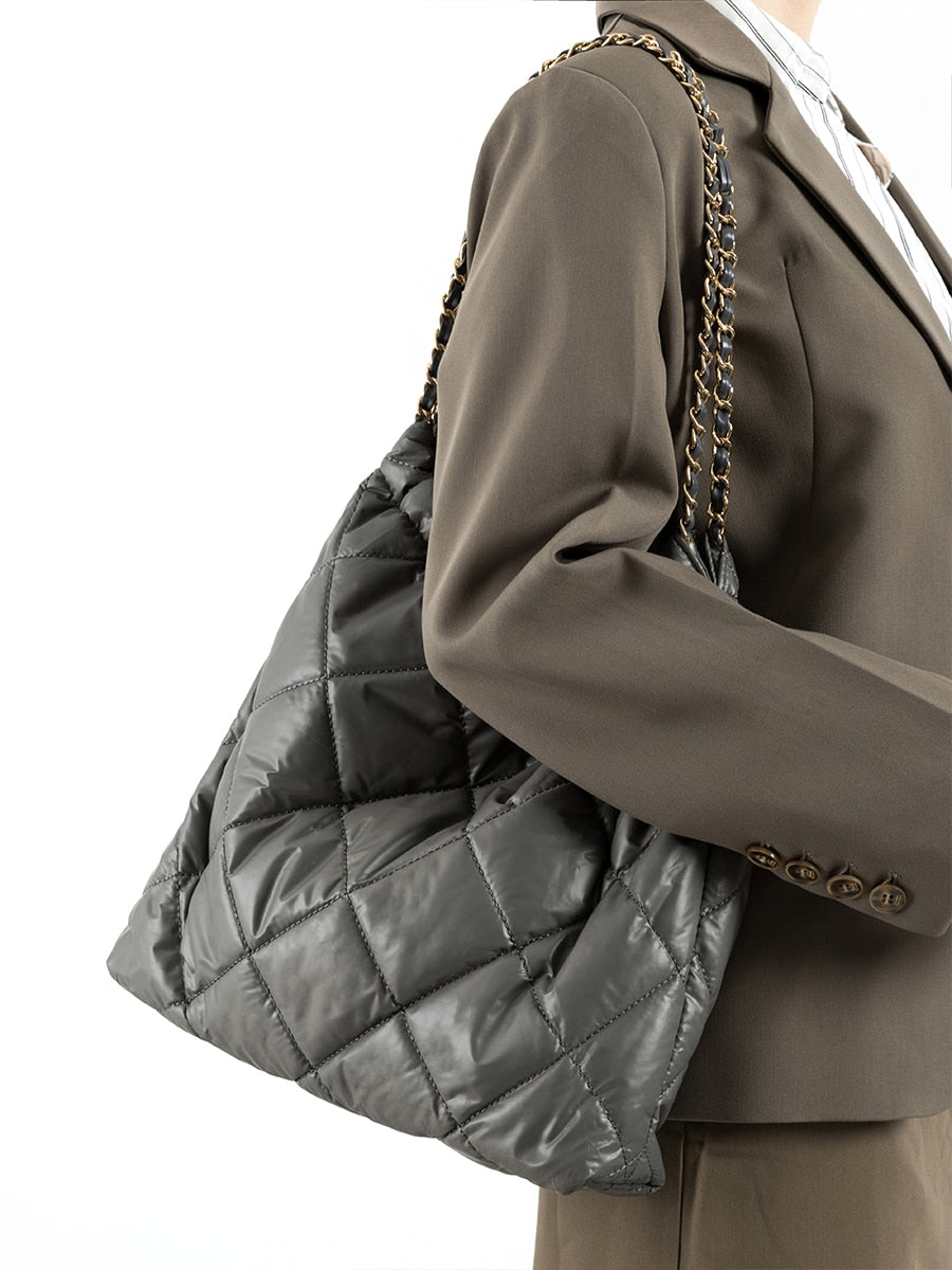 Square Nylon Padded Tote Bag with Drawstring Design