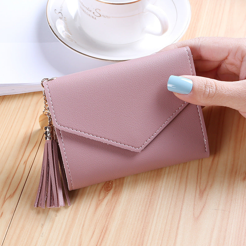 Compact Trifold Leather Wallet with Lovely Tassel Charm