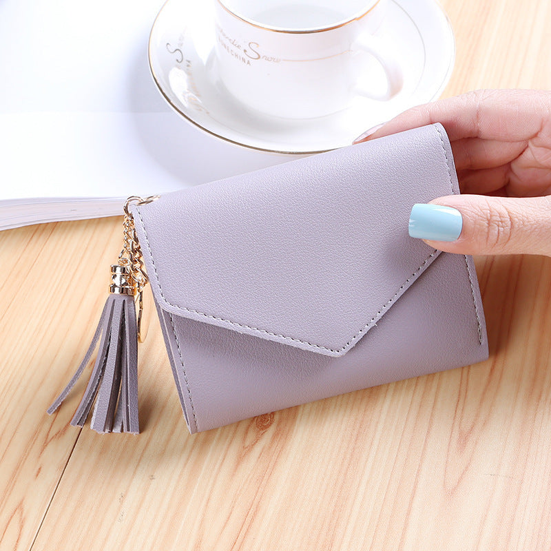 Compact Trifold Leather Wallet with Lovely Tassel Charm